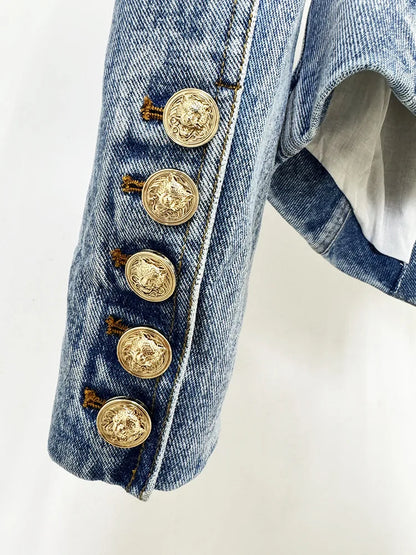 Damen-Blazer Denim Slim Gürtel Löwenknopf V-Ausschnitt Einknopf
