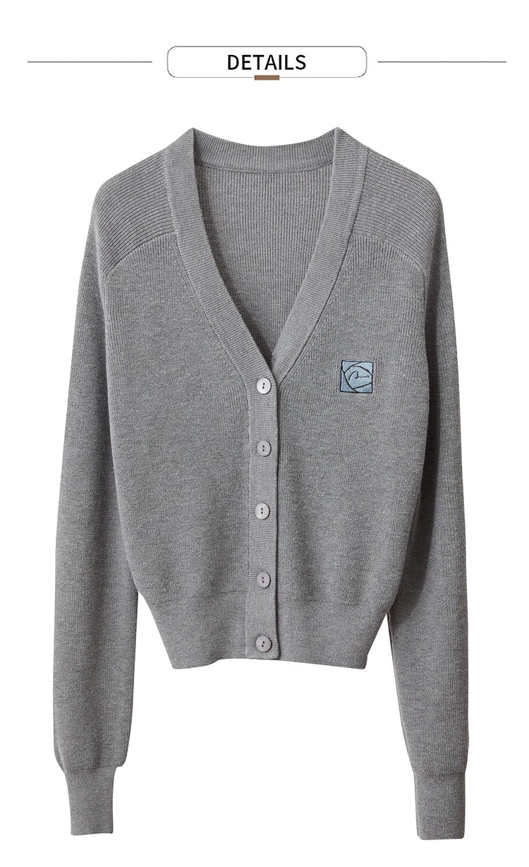 Damen-Strickjacke Wolle V-Ausschnitt Patchwork Stickerei kurz Französisch Herbst