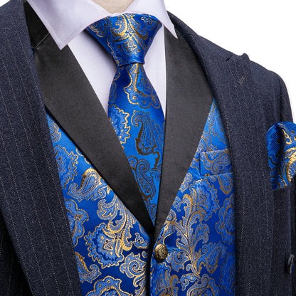 Blaue Jacquard-Herrenweste mit schwarzem Revers und goldfarbenen Knöpfen, Detailansicht