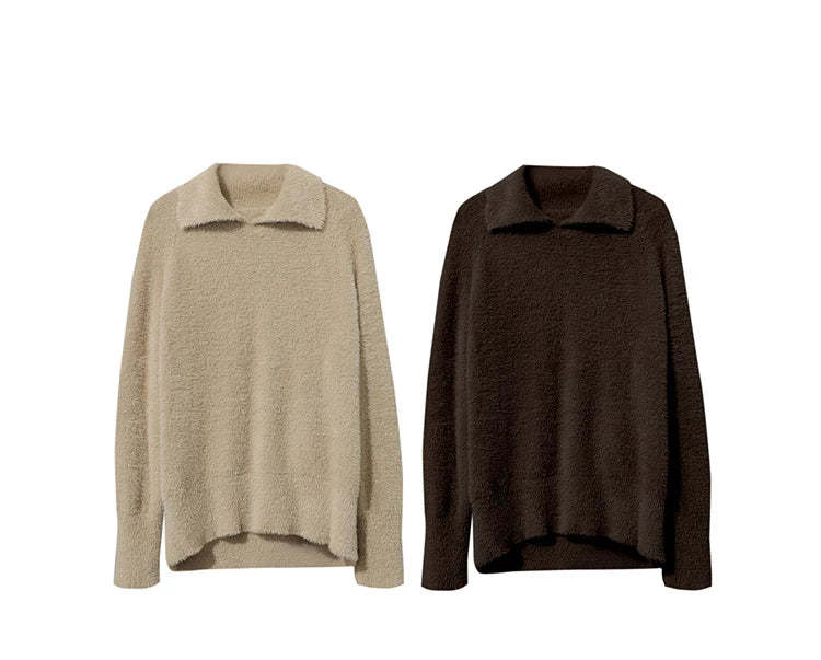 Damen-Pullover im Vergleich: beiger und brauner Flachansicht mit Polokragen