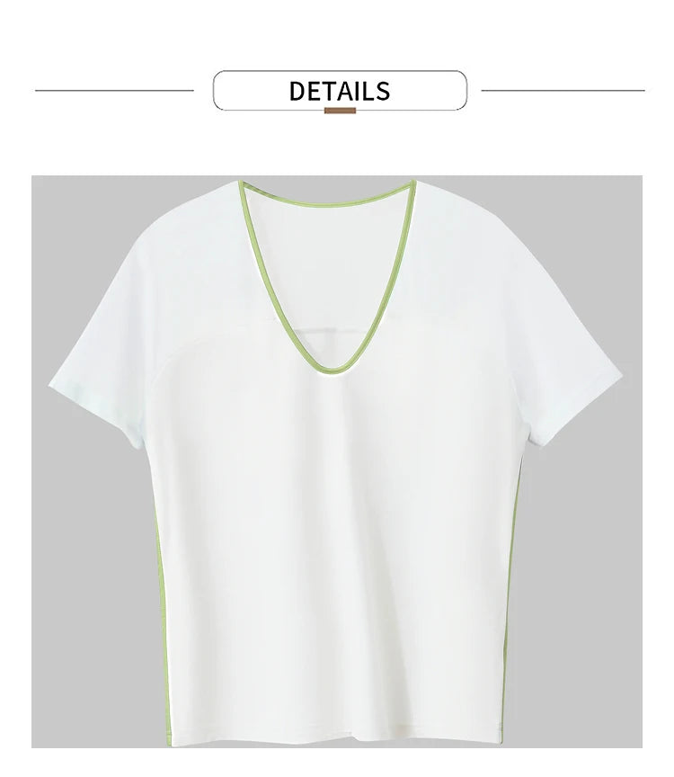 Damen T-Shirt im Minimalismus-Stil mit V-Ausschnitt und Kontrastnähten