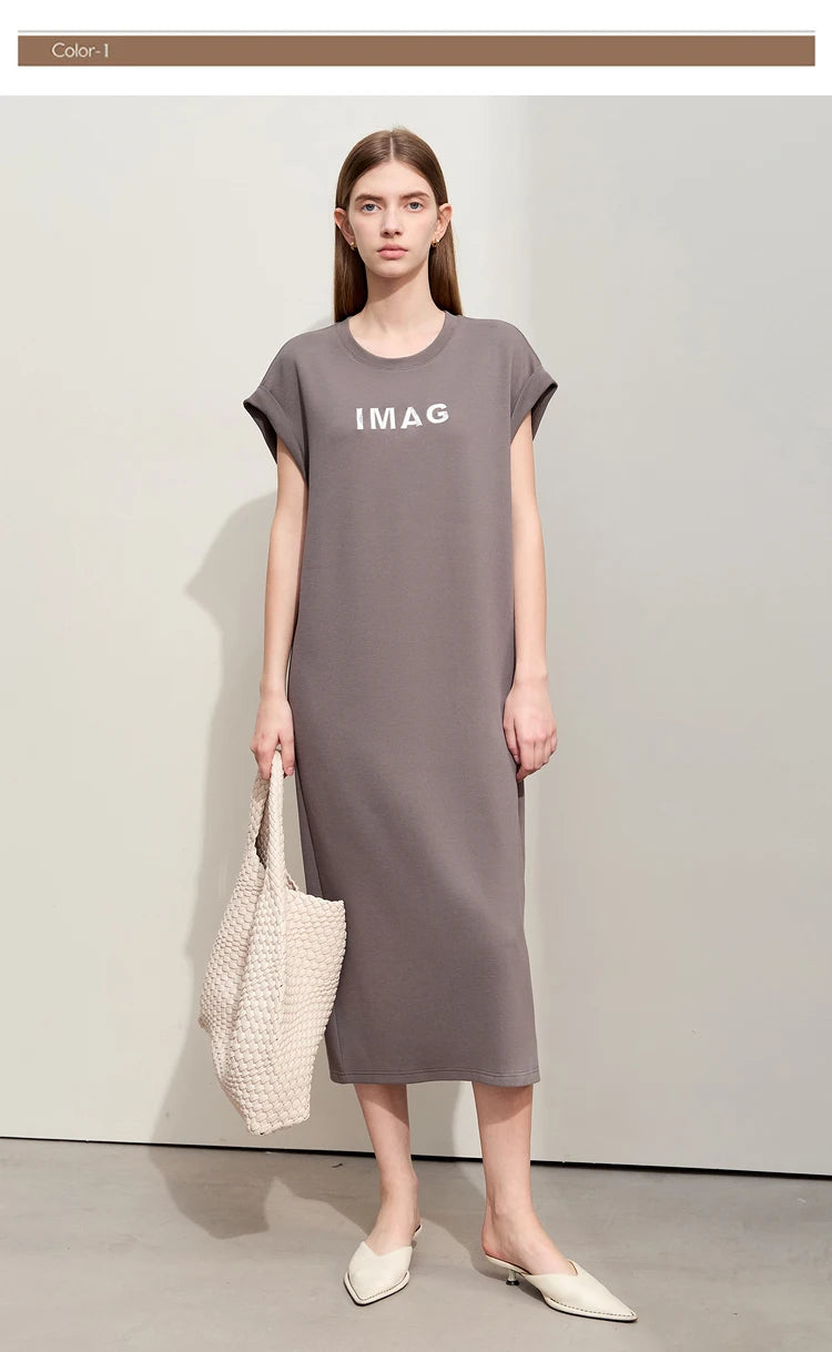 Damen Kleid für Sommer neue lässige O-Ausschnitt Kurzarm Midi gerade Perlen Stickerei Kleid Dame
