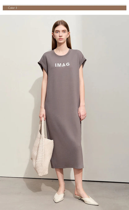 Damen Kleid für Sommer neue lässige O-Ausschnitt Kurzarm Midi gerade Perlen Stickerei Kleid Dame