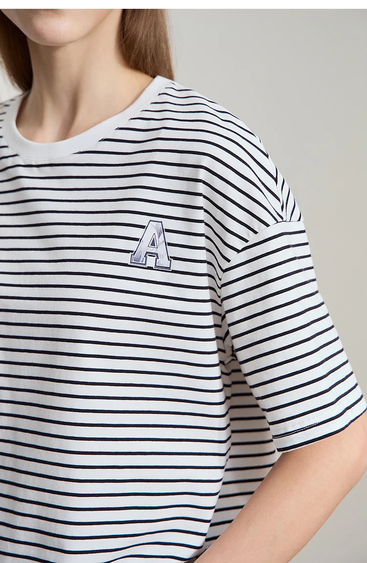 Damen T-Shirt aus reiner Baumwolle mit lässigem Streifenmuster und kurzen Ärmeln