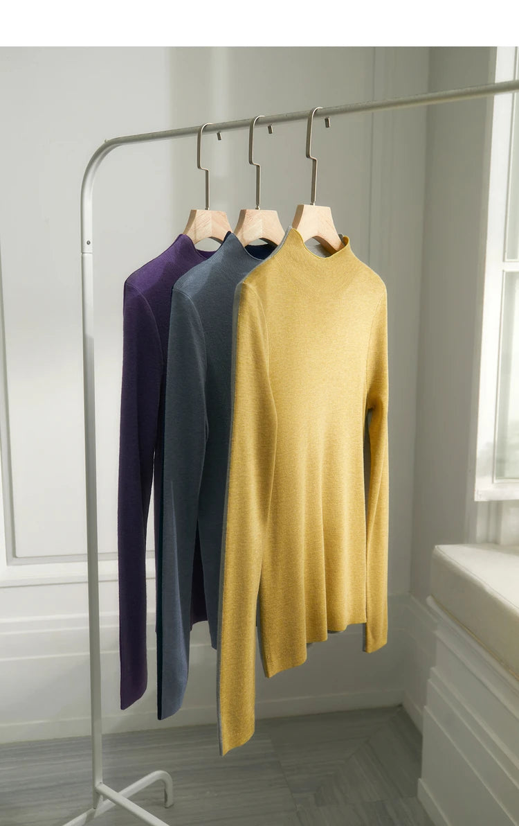 Damen-Halbrollkragen-Pullover Slim Patchwork Wolle-Mix Herbst-Winter