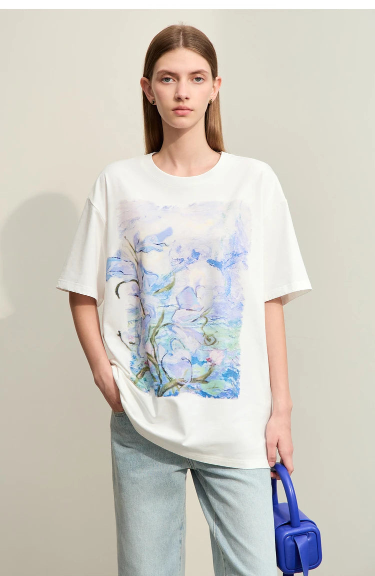 Damen T-Shirt im Minimalismus-Stil mit Kunstöl-Farbdruck für den Sommer