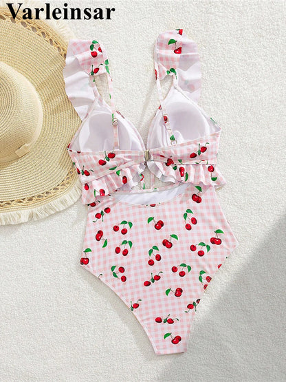 Damen Badeanzug Kirschen Karo Cut-Out Rüschen hoher Beinausschnitt Monokini