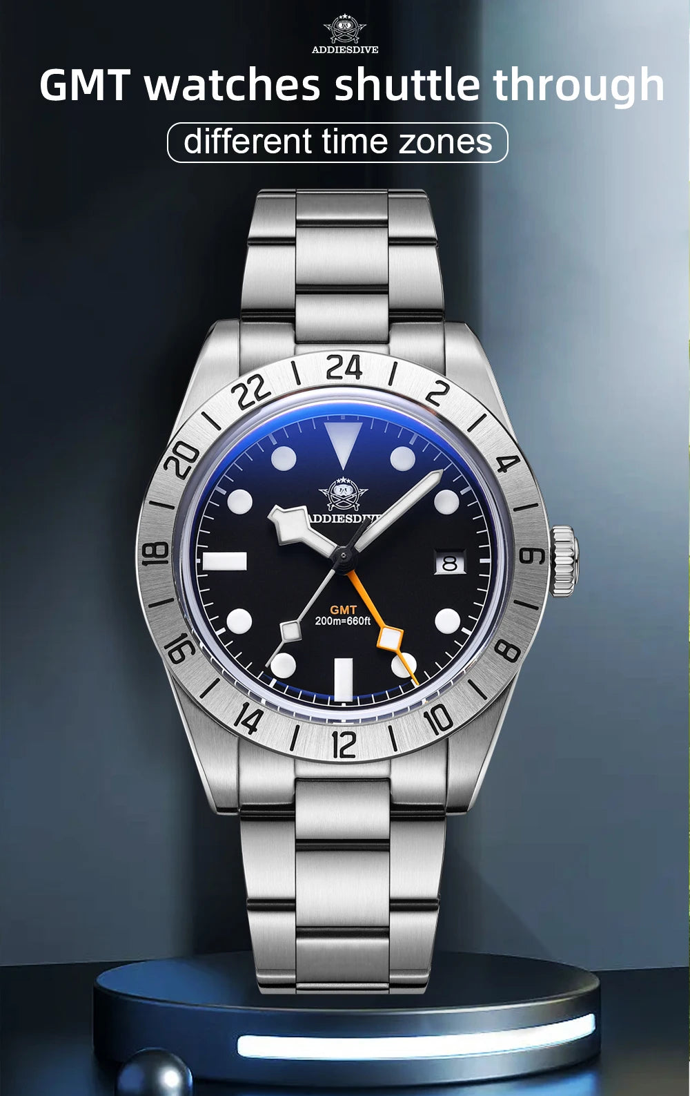 Herren GMT Luxus-Quarzuhr 200m Edelstahl BGW9 Super Leuchtzeiger
