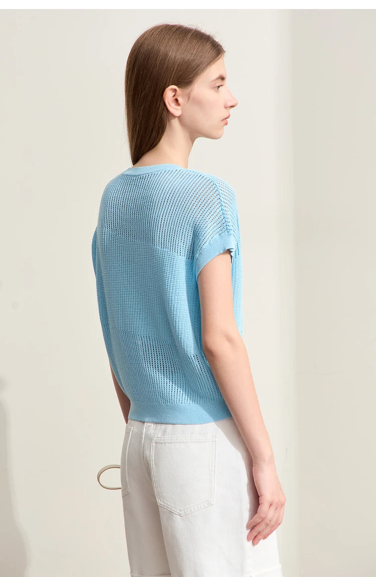 Damen-Wollstrickpullover hellblau, Rückansicht, kurze Ärmel, Rundhalsausschnitt