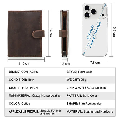 Reisepass-Brieftasche aus braunem Leder im Slim-Format mit Kartenfach und Druckknopf