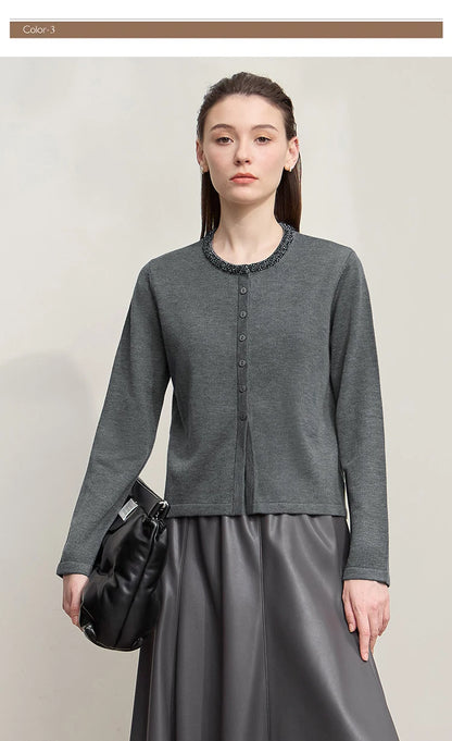 Damen-Strickjacke Rundhals einfarbig gerade Wolle Herbst-Winter