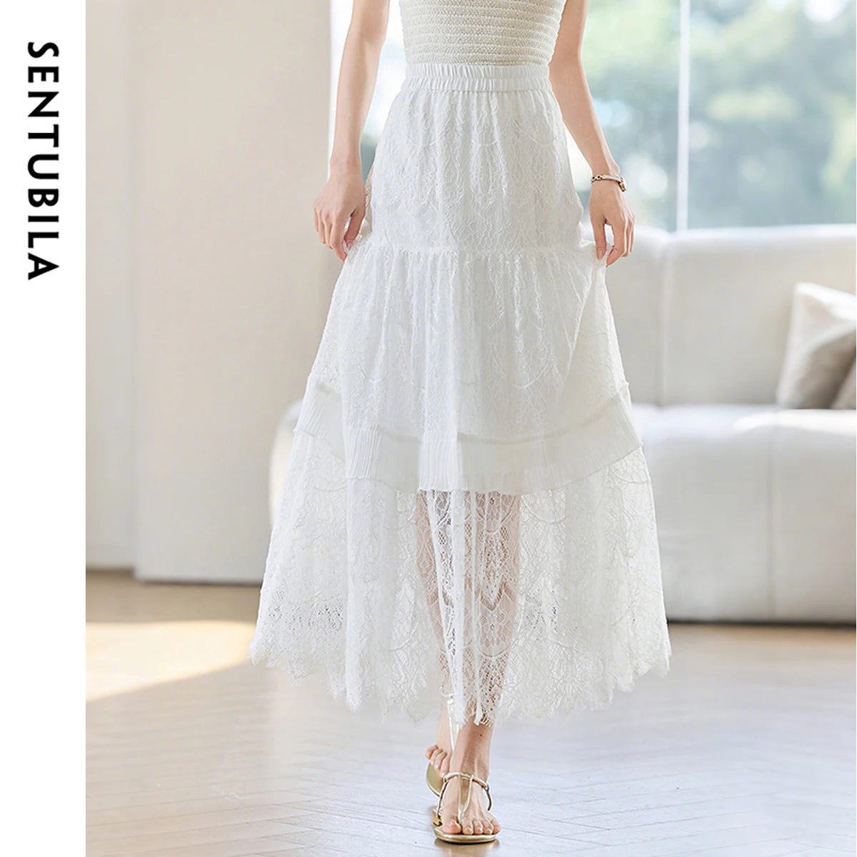 Damen A-Linie Rock aus Baumwolle mit eleganter Spitze und elastischer Taille