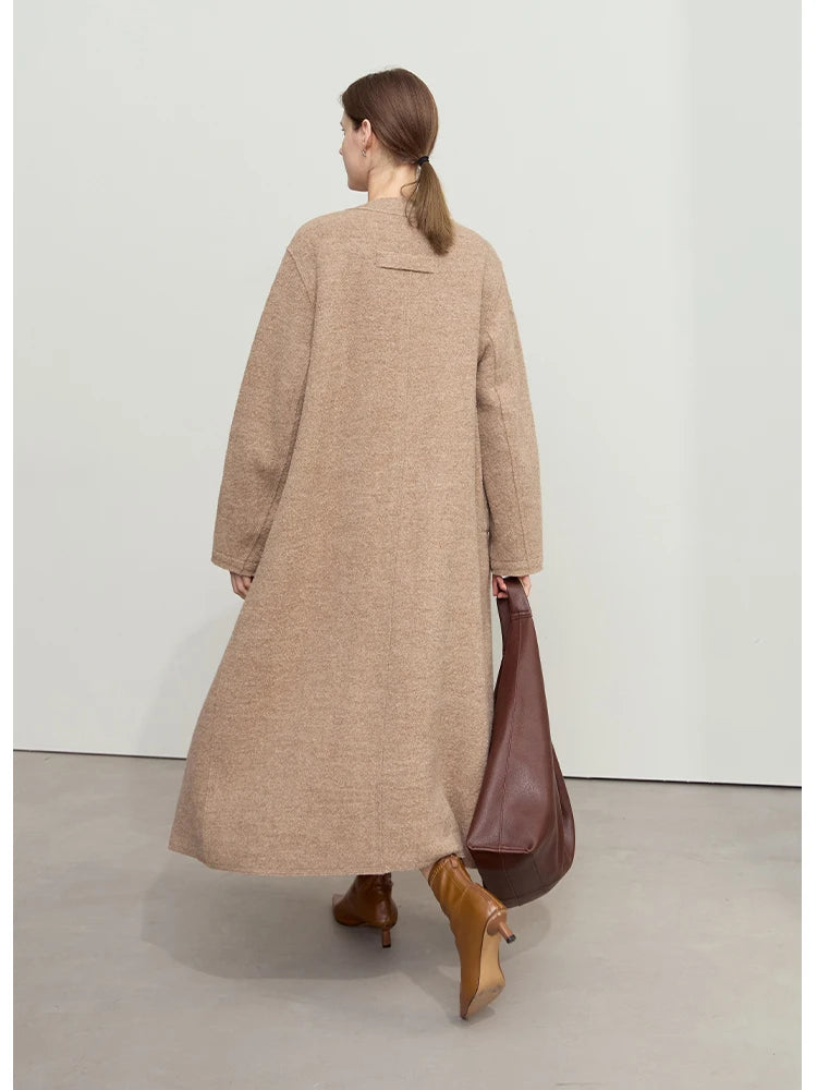 Damen Wollmantel im minimalistischen Stil mit Rundhalsausschnitt und abnehmbarer Corsage