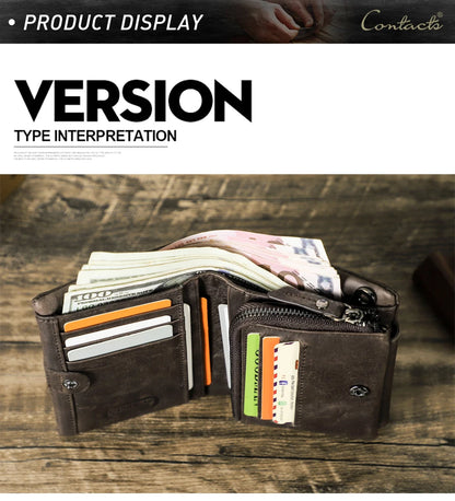 Herren Echtleder Geldbörse Vintage Trifold Haspe Reißverschluss Kartenhalter Geldclip