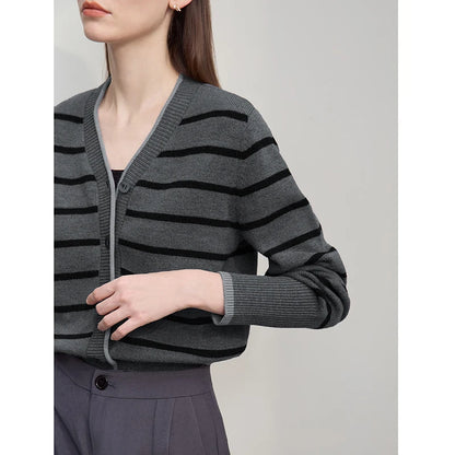 Damen-Strickjacke Streifen V-Ausschnitt locker Wolle Herbst-Winter