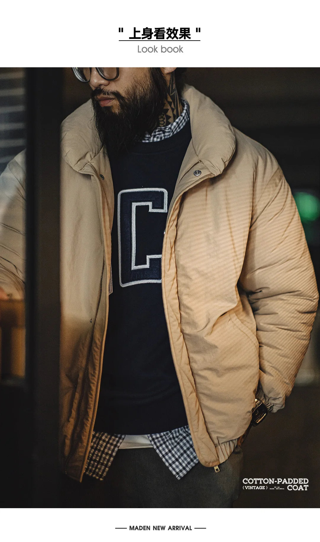 Herren Mantel Retro Khaki Stehkragen gefütterte Puffjacke mit Reißverschluss