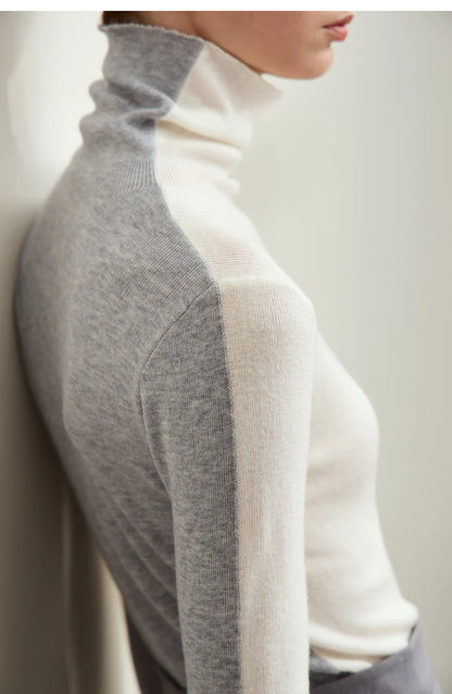 Damen-Rollkragenpullover Wolle-Mix Patchwork schlank Winter