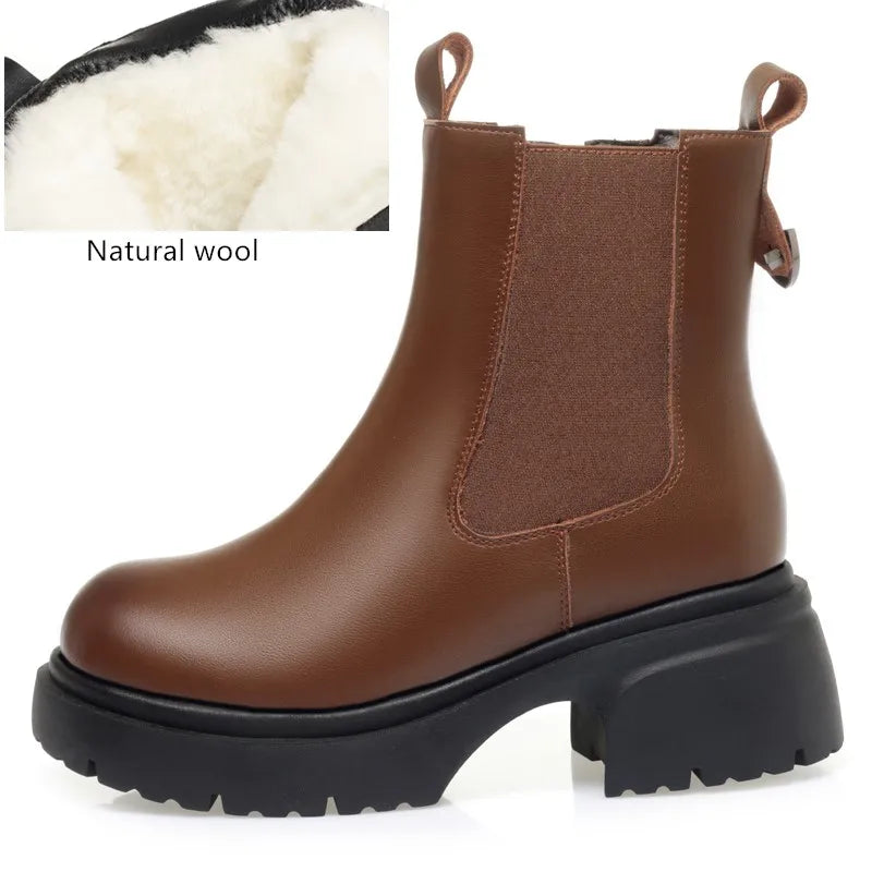 Hellbraune Damen-Chelsea-Boots mit Wollfutter, elastischer Seitennaht, Profilsohle