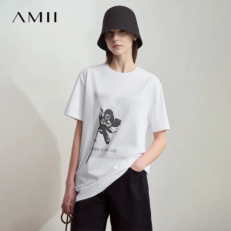 Damen T-Shirt mit minimalistischem O-Ausschnitt und Pailletten-Verzierung