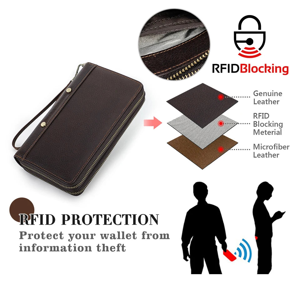 Braune Echtleder-Clutch mit Handgelenksriemen, Reißverschluss und RFID-Schutz.