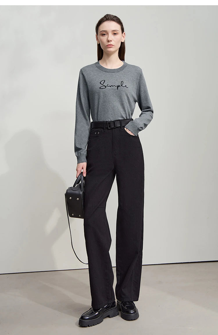 Langarm-T-Shirt in Grau mit Rundhalsausschnitt, „Simple“-Schriftzug und Ärmelansicht