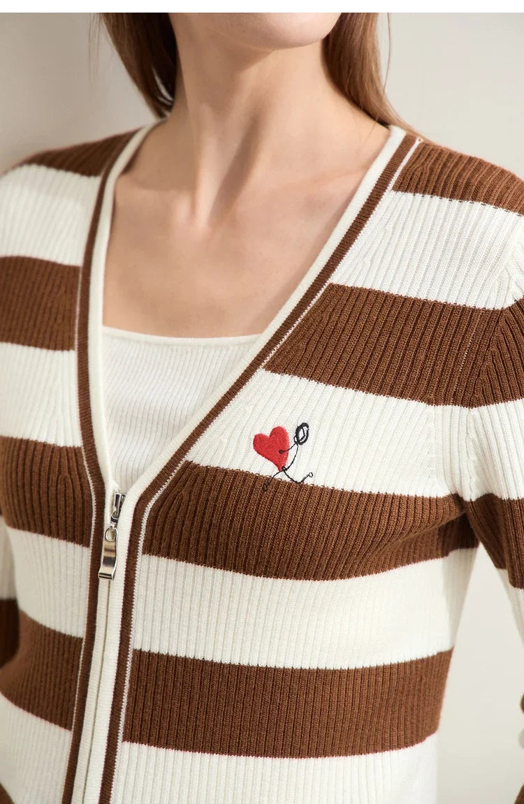 Damen-Strickjacke Kaschmir-Wolle Slim Streifen Reißverschluss Herbst