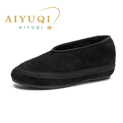 Schwarze Damen-Ballerinas mit Wollfutter, flachem Slip-on und samtiger Oberfläche