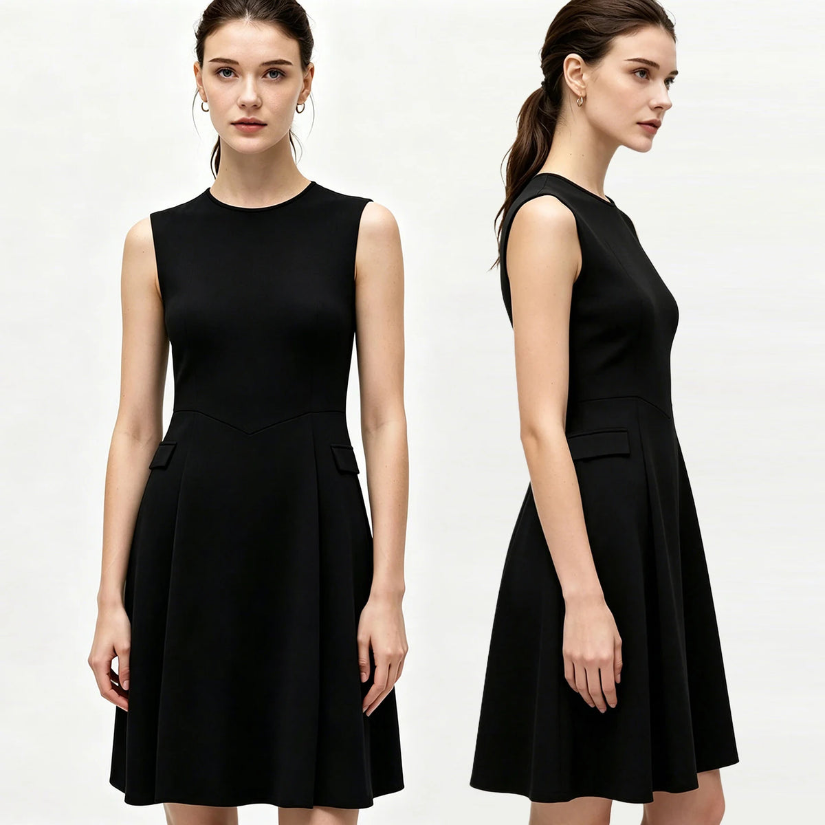Schwarzes ärmelloses Midi-Kleid mit Taschen und ausgestelltem Rock