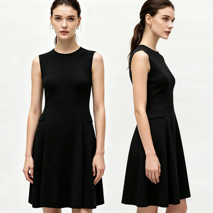 Schwarzes ärmelloses Midi-Kleid mit Taschen und ausgestelltem Rock