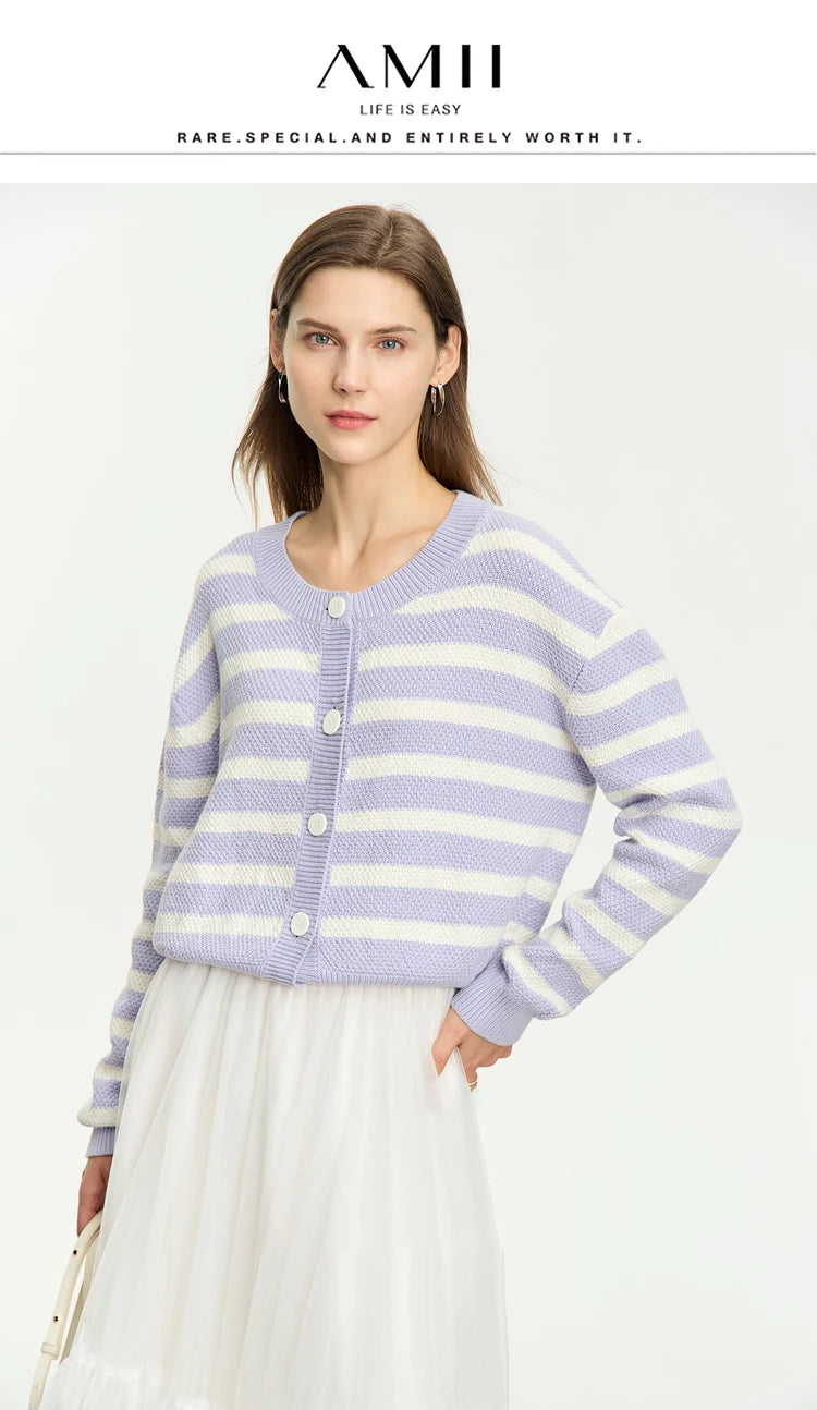 Damen-Strickjacke Baumwolle-Wolle Streifen Kontrastfarben locker Herbst
