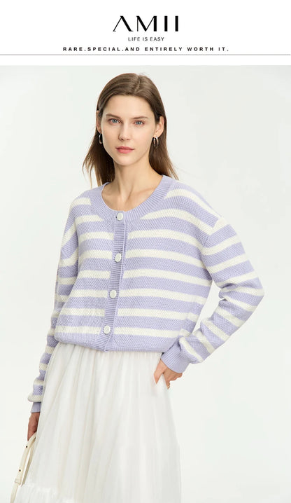 Damen-Strickjacke Baumwolle-Wolle Streifen Kontrastfarben locker Herbst