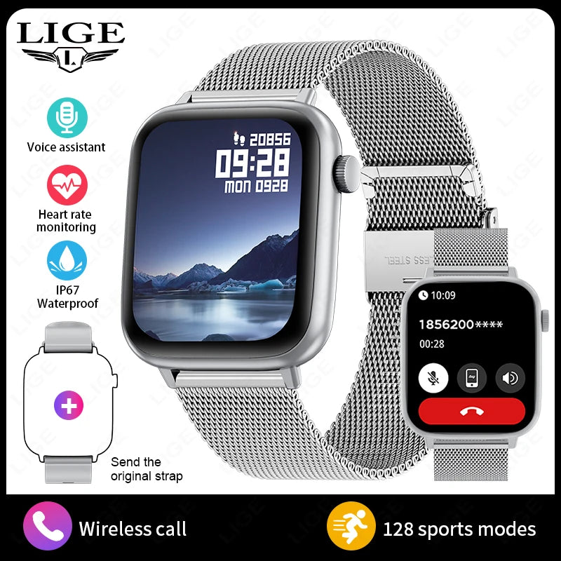 LIGE 2024 Männer Frauen Smart Uhr 1,83 Zoll Bluetooth Sprachanrufe Armband Informationen Warnungen Fitness Smartwatch Für IOS Android