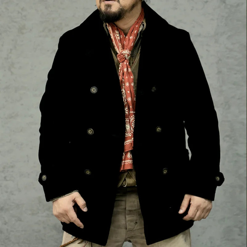 Männer Pea Coat im Vintage-Stil aus schwerem Material in Schwarz