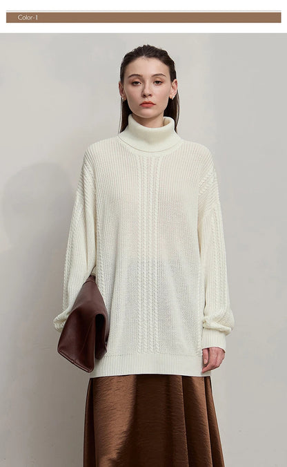 Damen-Rollkragenpullover Wolle lang locker Retro Winter