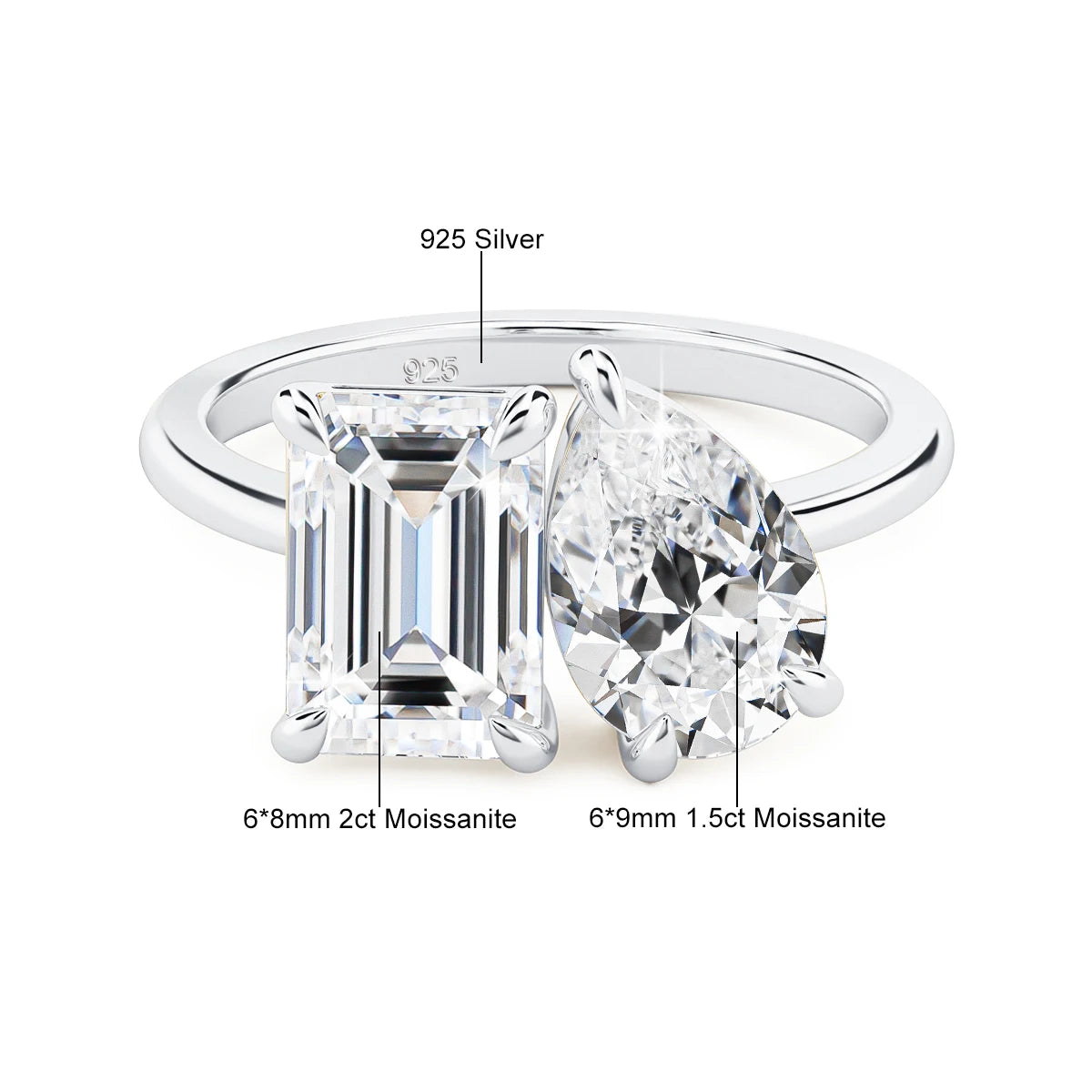 Damen-Ring aus 925er Silber mit Moissanit-Doppelstein, 3,5 Karat Gesamtgewicht, Luxuriöses Schmuckstück