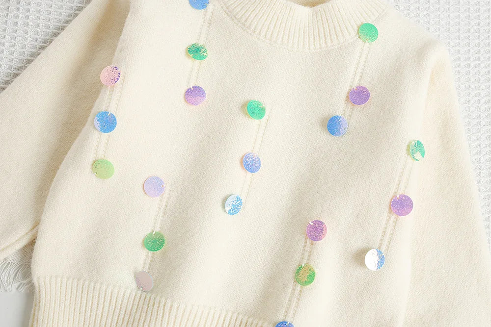 Mädchen Pullover Set mit bunten Pailletten und Tutu Röcken in Pink und Weiß