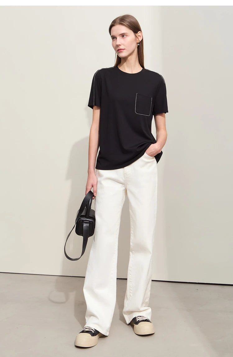 Damen Sommer-T-Shirts im minimalistischen Stil mit O-Ausschnitt und kurzen Ärmeln