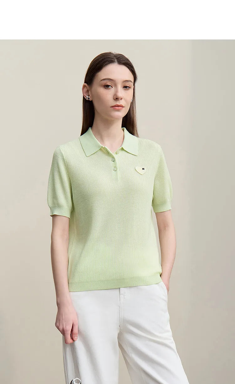 Damen-Strickpullover mit Polokragen, Kurzarm, hellgrün