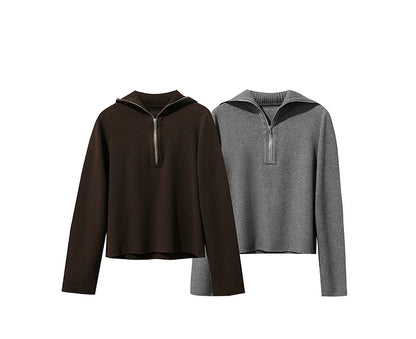 Strickpullover für Damen im Farbvergleich, braun und grau, mit Reißverschluss