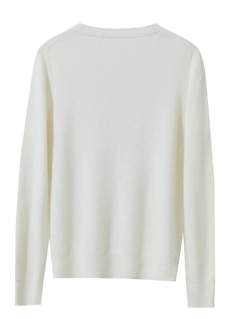 Hellcremer Kaschmirpullover mit geripptem Halsausschnitt, lange Ärmel, Rückseite