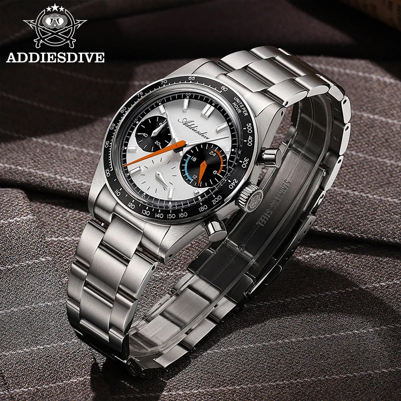 ADDIESDIVE 37mm Men Watch AD2539 BGW9 Super Luminous Chronograph Watch Bubble Mirror Glass 10Bar Waterproof VK63 Quartz Watches