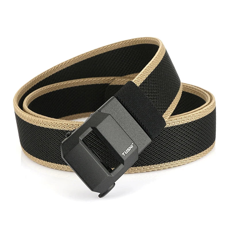 Unisex-Gürtel aus elastischem Nylon mit mattschwarzer Schnalle in 38 mm Breite und Tragekomfort