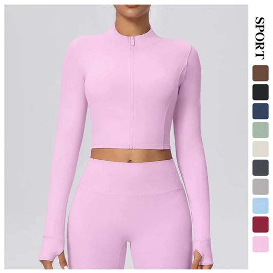 Damen-Sportjacke, kurz geschnitten, Reißverschluss, Stehkragen, langarm in Rosa