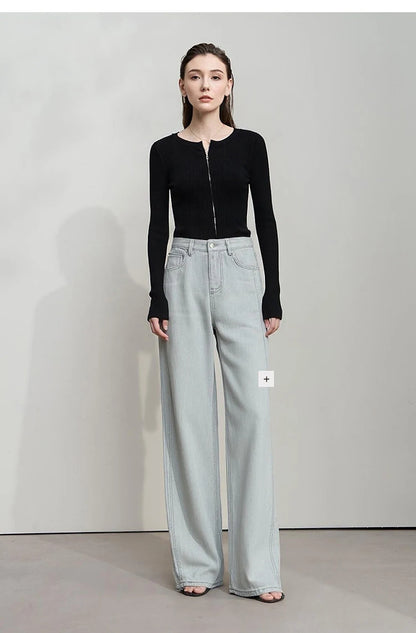 Damen-Rundhals-Cardigan Slim Doppelreißverschluss Viskose Frühling