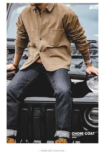 Herren Mantel aus schwerem Twill mit vier Taschen im Khaki-Farbton