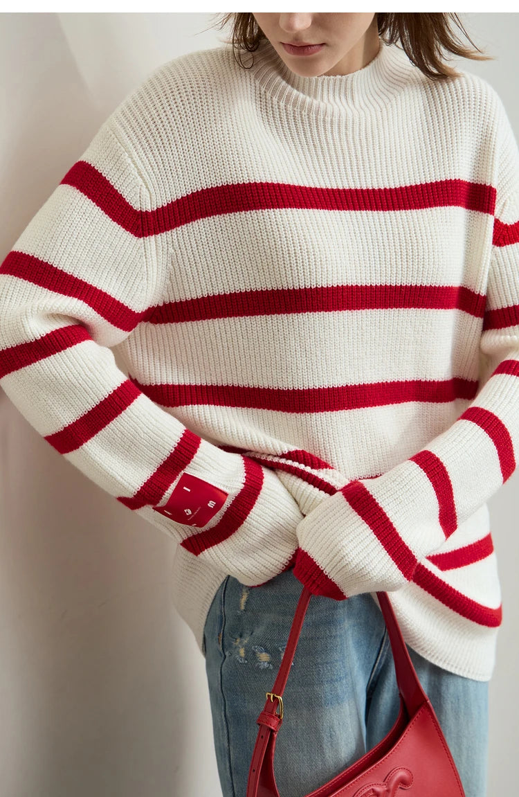 Damen-Strickjacke Streifen Stehkragen Kontrastfarben locker Weihnachten Winter