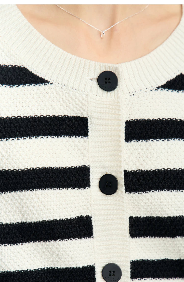 Damen-Strickjacke Baumwolle-Wolle Streifen Kontrastfarben locker Herbst
