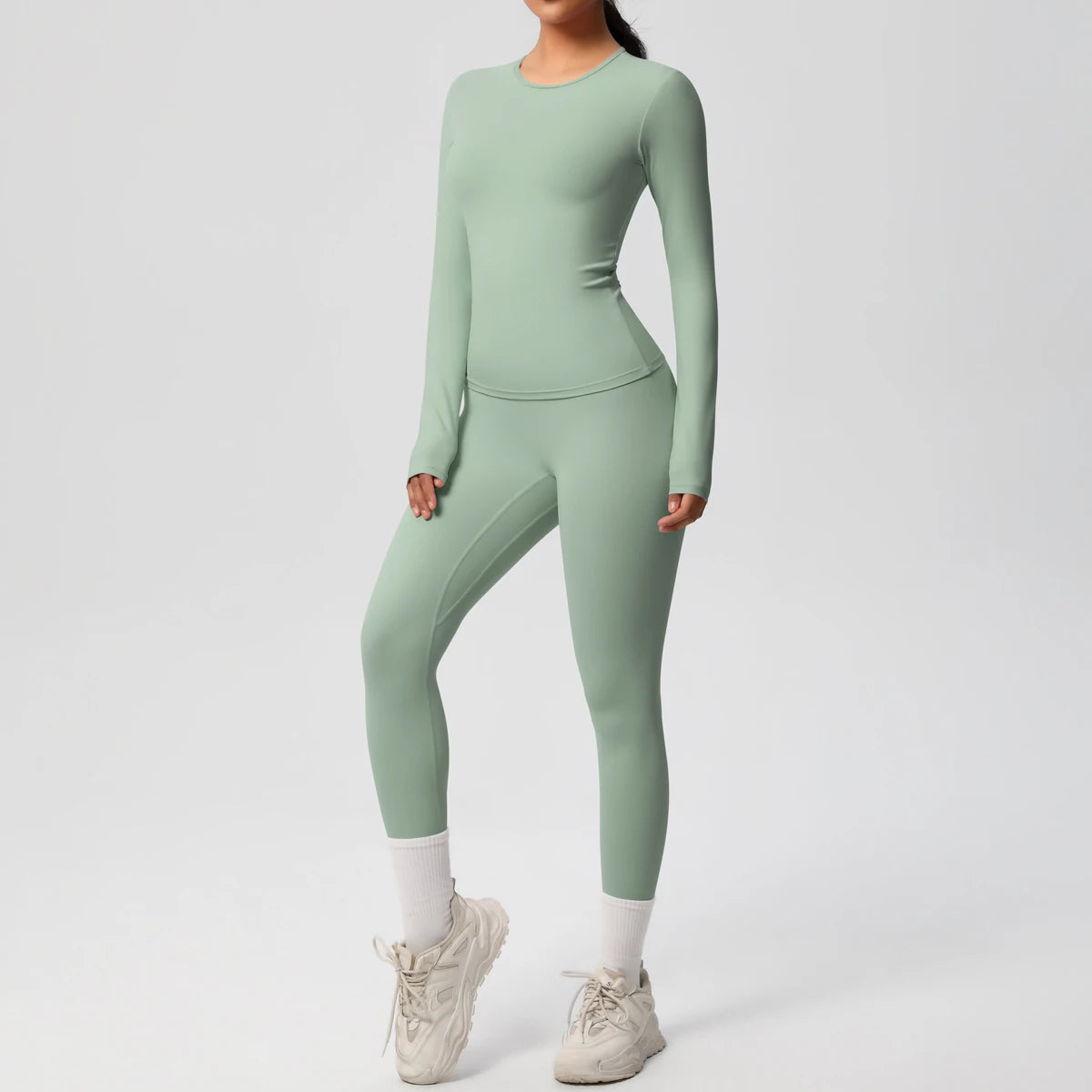Gym-Leggings-Set, langarm, grün, figurbetont mit hoher Taille und Beinbündchen