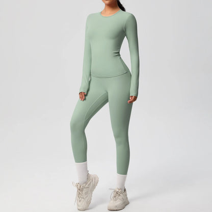 Gym-Leggings-Set, langarm, grün, figurbetont mit hoher Taille und Beinbündchen