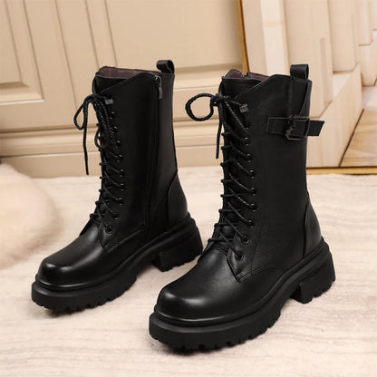 AIYUQI Women Boots Large Size Genuine Leather Thick Wool Warm Winter Biker Boots Women British Style Women Snow Boots
